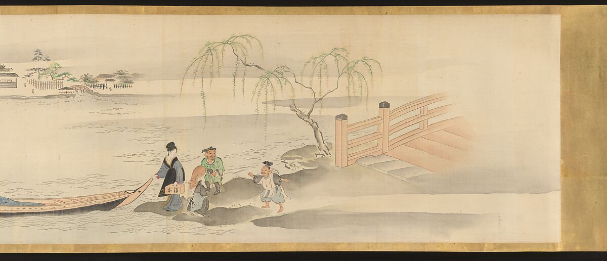 Three Gods of Good Fortune Visit the Yoshiwara; or “Scenes of Pleasure at the Height of Spring”, Chōbunsai Eishi (Japanese, 1756–1829), Handscroll; ink and color on silk, Japan