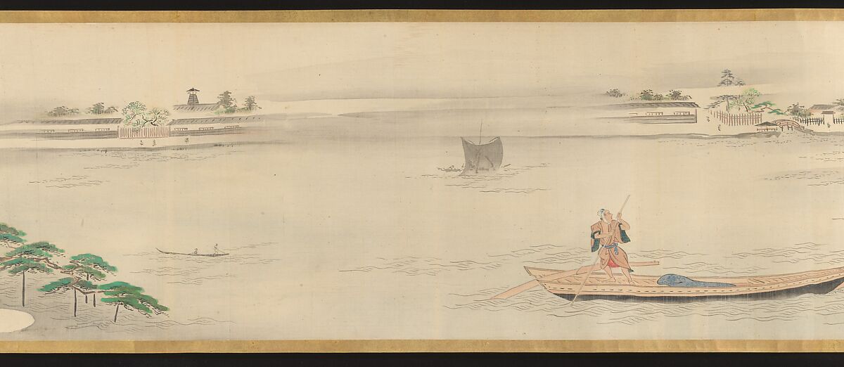 Three Gods of Good Fortune Visit the Yoshiwara; or “Scenes of Pleasure at the Height of Spring”, Chōbunsai Eishi (Japanese, 1756–1829), Handscroll; ink and color on silk, Japan