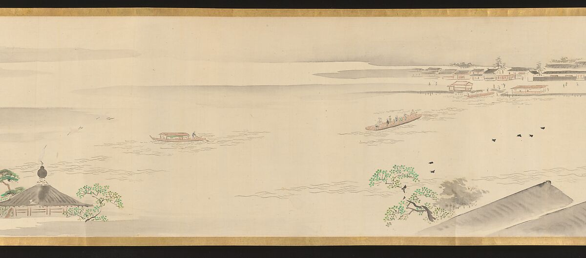 Three Gods of Good Fortune Visit the Yoshiwara; or “Scenes of Pleasure at the Height of Spring”, Chōbunsai Eishi (Japanese, 1756–1829), Handscroll; ink and color on silk, Japan