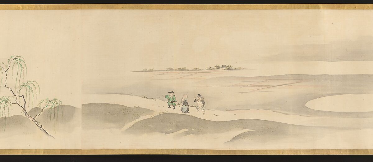 Three Gods of Good Fortune Visit the Yoshiwara; or “Scenes of Pleasure at the Height of Spring”, Chōbunsai Eishi (Japanese, 1756–1829), Handscroll; ink and color on silk, Japan