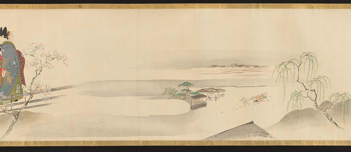 Three Gods of Good Fortune Visit the Yoshiwara; or “Scenes of Pleasure at the Height of Spring”, Chōbunsai Eishi (Japanese, 1756–1829), Handscroll; ink and color on silk, Japan