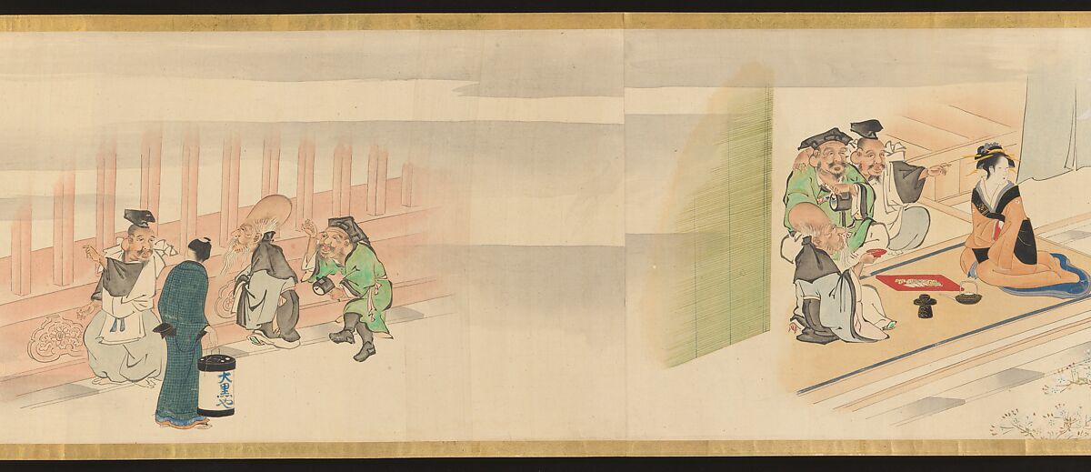 Three Gods of Good Fortune Visit the Yoshiwara; or “Scenes of Pleasure at the Height of Spring”, Chōbunsai Eishi (Japanese, 1756–1829), Handscroll; ink and color on silk, Japan