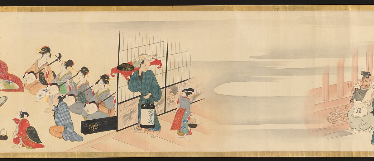 Three Gods of Good Fortune Visit the Yoshiwara; or “Scenes of Pleasure at the Height of Spring”, Chōbunsai Eishi (Japanese, 1756–1829), Handscroll; ink and color on silk, Japan