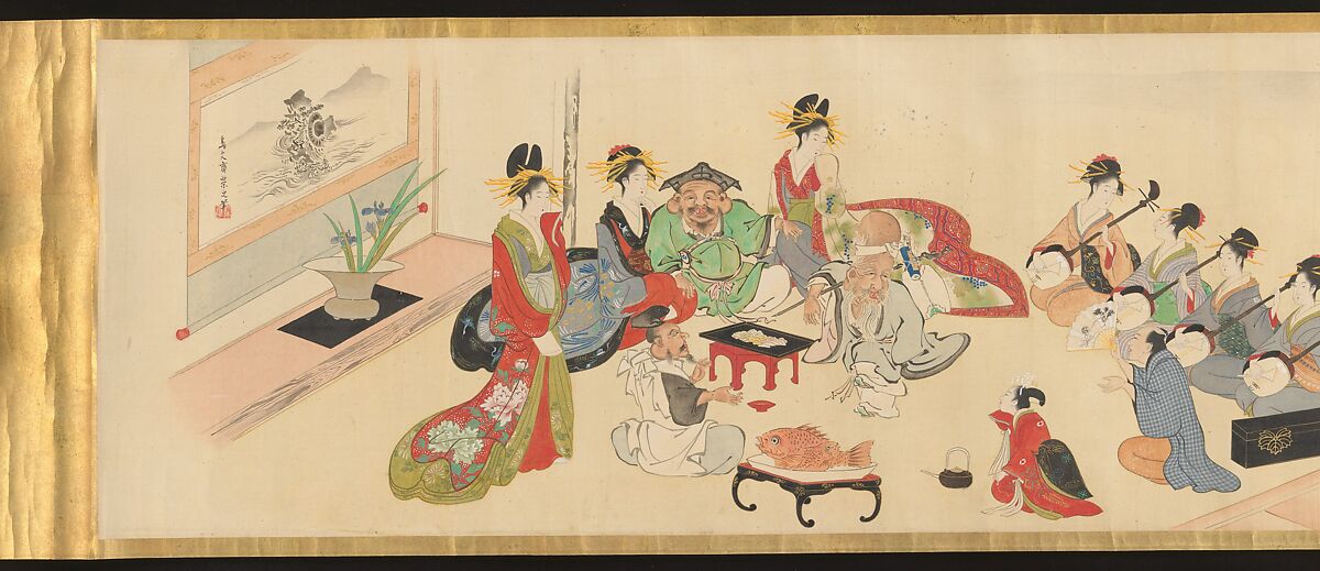 Three Gods of Good Fortune Visit the Yoshiwara; or “Scenes of Pleasure at the Height of Spring”, Chōbunsai Eishi (Japanese, 1756–1829), Handscroll; ink and color on silk, Japan