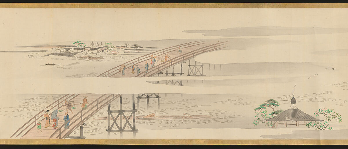 Three Gods of Good Fortune Visit the Yoshiwara; or “Scenes of Pleasure at the Height of Spring”, Chōbunsai Eishi (Japanese, 1756–1829), Handscroll; ink and color on silk, Japan