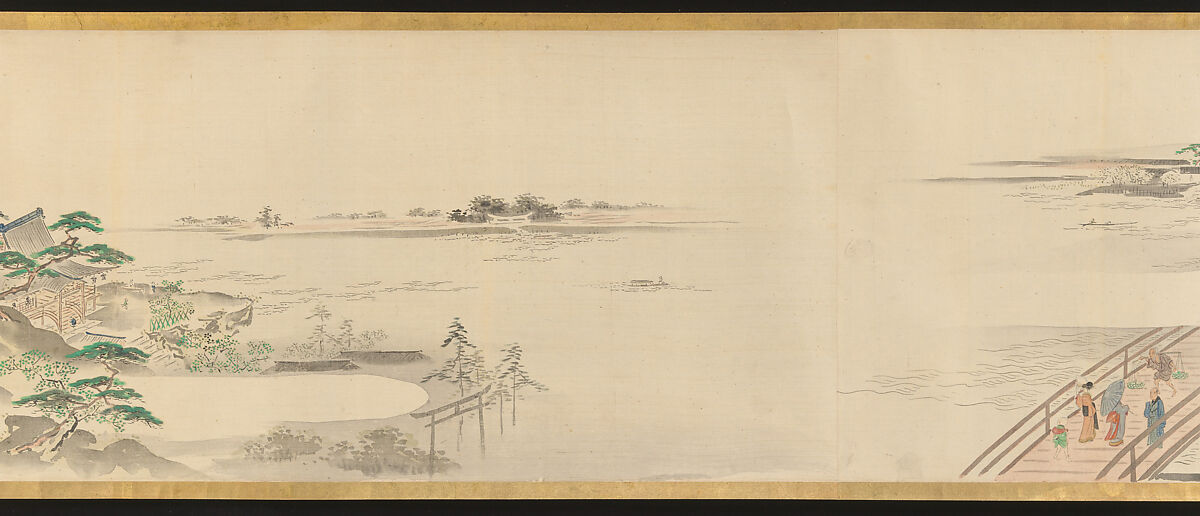 Three Gods of Good Fortune Visit the Yoshiwara; or “Scenes of Pleasure at the Height of Spring”, Chōbunsai Eishi (Japanese, 1756–1829), Handscroll; ink and color on silk, Japan