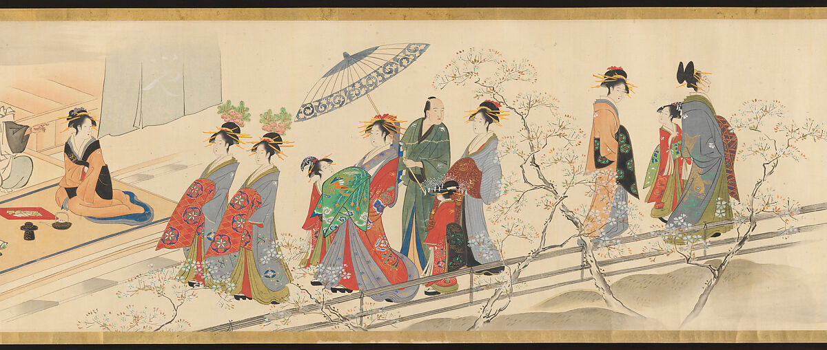 Three Gods of Good Fortune Visit the Yoshiwara; or “Scenes of Pleasure at the Height of Spring”, Chōbunsai Eishi (Japanese, 1756–1829), Handscroll; ink and color on silk, Japan 