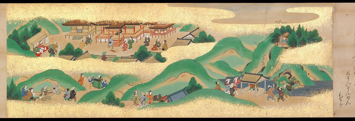 Festivities of the Twelve Months: “Sannō Hiyoshi Festivals Held on the Day of the Monkey in the Mid-Fourth Month”; Festivities of the Twelve Months: “Sumō Wrestling at Matsuno’o Shrine during the Hassaku Festival on the First Day of the Eighth Month”, Two handscrolls; ink, color and gold on paper, Japan