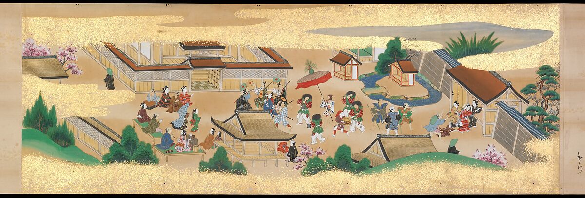 Festivities of the Twelve Months: “Sannō Hiyoshi Festivals Held on the Day of the Monkey in the Mid-Fourth Month”; Festivities of the Twelve Months: “Sumō Wrestling at Matsuno’o Shrine during the Hassaku Festival on the First Day of the Eighth Month”, Two handscrolls; ink, color and gold on paper, Japan