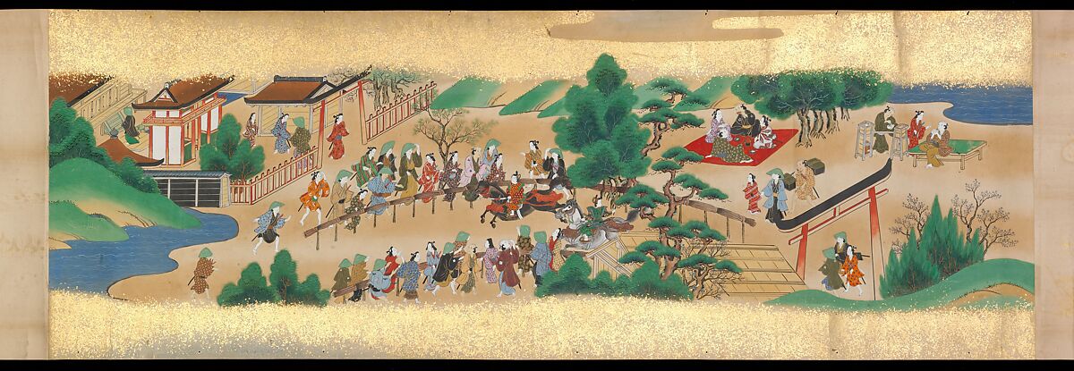 Festivities of the Twelve Months: “Sannō Hiyoshi Festivals Held on the Day of the Monkey in the Mid-Fourth Month”; Festivities of the Twelve Months: “Sumō Wrestling at Matsuno’o Shrine during the Hassaku Festival on the First Day of the Eighth Month”, Two handscrolls; ink, color and gold on paper, Japan