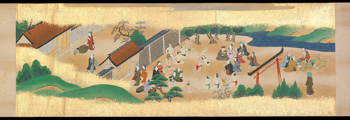 Festivities of the Twelve Months: “Sannō Hiyoshi Festivals Held on the Day of the Monkey in the Mid-Fourth Month”; Festivities of the Twelve Months: “Sumō Wrestling at Matsuno’o Shrine during the Hassaku Festival on the First Day of the Eighth Month”, Two handscrolls; ink, color and gold on paper, Japan