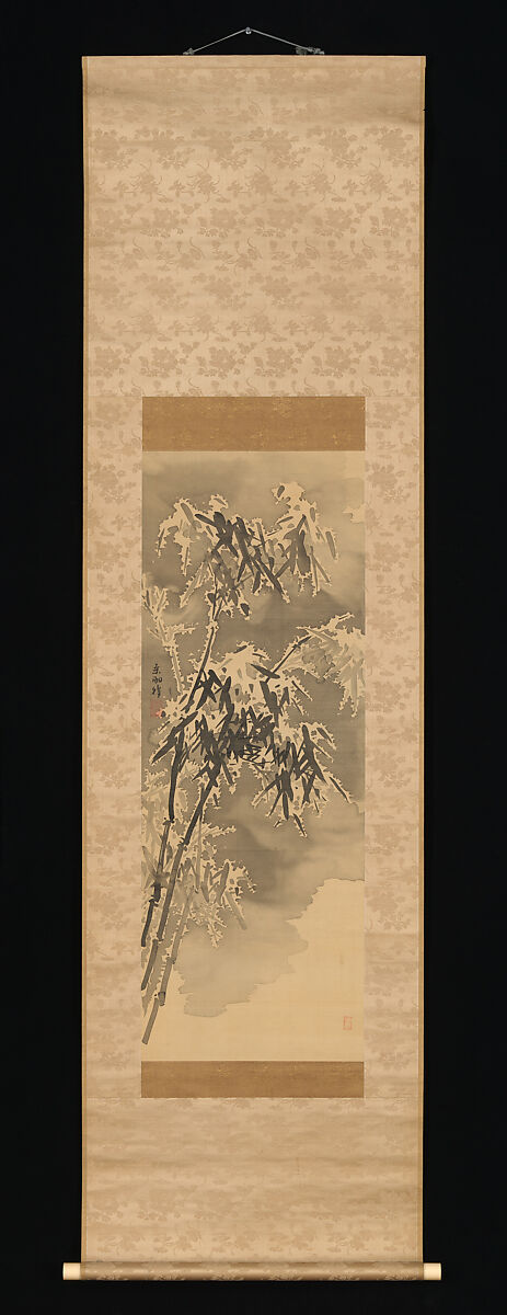 Bamboo and Rock in Snow, Kuwayama Gyokushū (Japanese, 1746–1799), Hanging scroll; ink on silk, Japan
