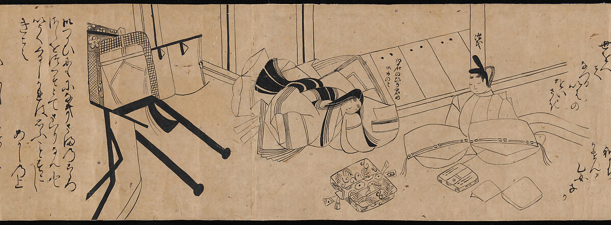 "Akashi", "Channel Buoys" ("Miotsukushi"),  "The Wormwood Patch" ("Yomogiu"),  "Gatehouse" ("Sekiya"), and  "Picture Contest" ("E-awase") chapters from the Tale of Genji (Genji monogatari), Handscroll; ink on paper, Japan