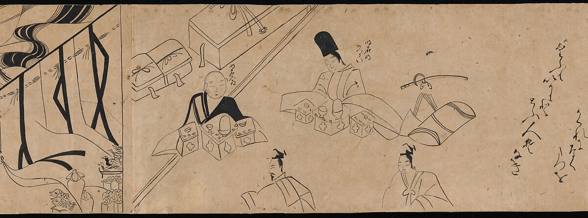 "Akashi", "Channel Buoys" ("Miotsukushi"),  "The Wormwood Patch" ("Yomogiu"),  "Gatehouse" ("Sekiya"), and  "Picture Contest" ("E-awase") chapters from the Tale of Genji (Genji monogatari), Handscroll; ink on paper, Japan