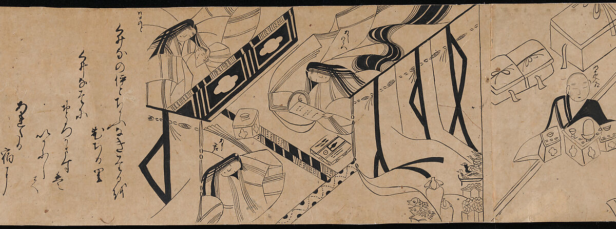 "Akashi", "Channel Buoys" ("Miotsukushi"),  "The Wormwood Patch" ("Yomogiu"),  "Gatehouse" ("Sekiya"), and  "Picture Contest" ("E-awase") chapters from the Tale of Genji (Genji monogatari), Handscroll; ink on paper, Japan