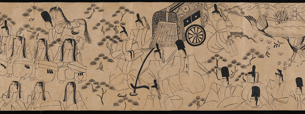 "Akashi", "Channel Buoys" ("Miotsukushi"),  "The Wormwood Patch" ("Yomogiu"),  "Gatehouse" ("Sekiya"), and  "Picture Contest" ("E-awase") chapters from the Tale of Genji (Genji monogatari), Handscroll; ink on paper, Japan