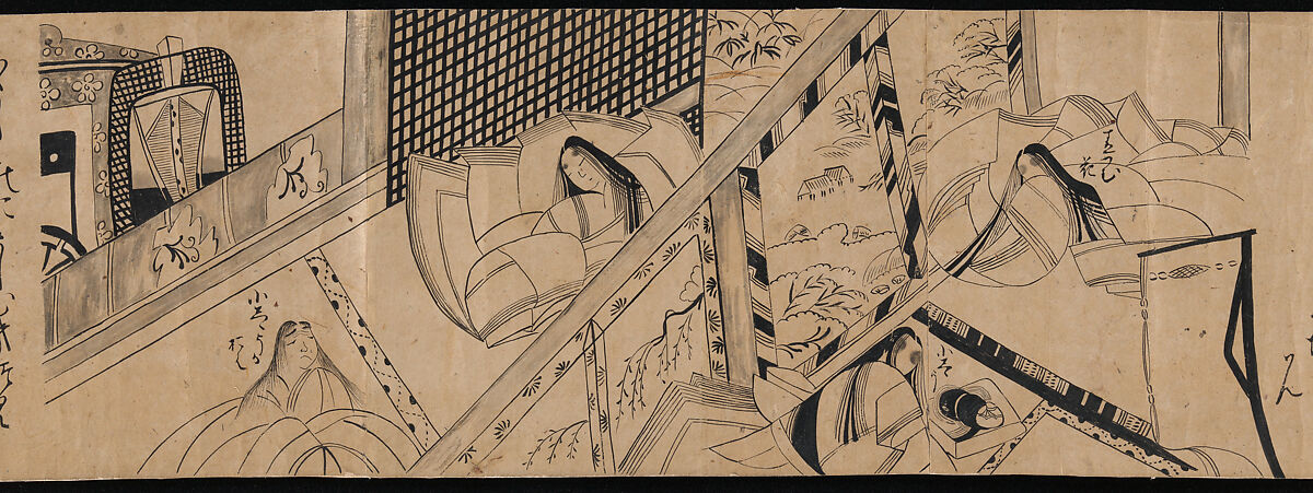 "Akashi", "Channel Buoys" ("Miotsukushi"),  "The Wormwood Patch" ("Yomogiu"),  "Gatehouse" ("Sekiya"), and  "Picture Contest" ("E-awase") chapters from the Tale of Genji (Genji monogatari), Handscroll; ink on paper, Japan