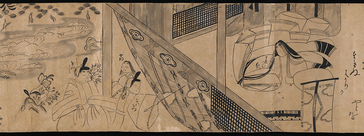 "Akashi", "Channel Buoys" ("Miotsukushi"),  "The Wormwood Patch" ("Yomogiu"),  "Gatehouse" ("Sekiya"), and  "Picture Contest" ("E-awase") chapters from the Tale of Genji (Genji monogatari), Handscroll; ink on paper, Japan