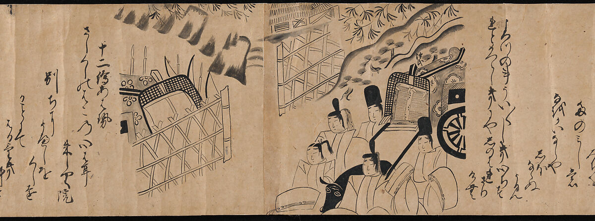 "Akashi", "Channel Buoys" ("Miotsukushi"),  "The Wormwood Patch" ("Yomogiu"),  "Gatehouse" ("Sekiya"), and  "Picture Contest" ("E-awase") chapters from the Tale of Genji (Genji monogatari), Handscroll; ink on paper, Japan