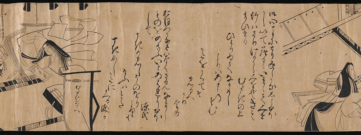"Akashi", "Channel Buoys" ("Miotsukushi"),  "The Wormwood Patch" ("Yomogiu"),  "Gatehouse" ("Sekiya"), and  "Picture Contest" ("E-awase") chapters from the Tale of Genji (Genji monogatari), Handscroll; ink on paper, Japan