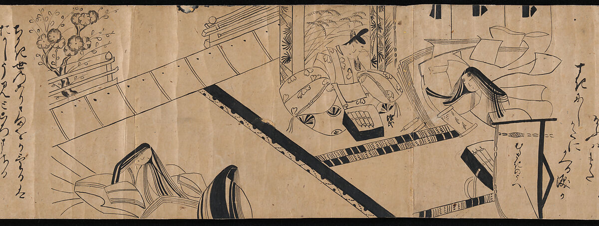 "Akashi", "Channel Buoys" ("Miotsukushi"),  "The Wormwood Patch" ("Yomogiu"),  "Gatehouse" ("Sekiya"), and  "Picture Contest" ("E-awase") chapters from the Tale of Genji (Genji monogatari), Handscroll; ink on paper, Japan