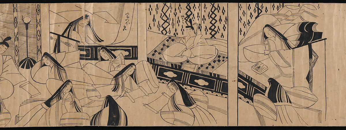 "Akashi", "Channel Buoys" ("Miotsukushi"),  "The Wormwood Patch" ("Yomogiu"),  "Gatehouse" ("Sekiya"), and  "Picture Contest" ("E-awase") chapters from the Tale of Genji (Genji monogatari), Handscroll; ink on paper, Japan