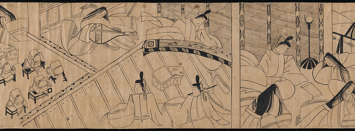 "Akashi", "Channel Buoys" ("Miotsukushi"),  "The Wormwood Patch" ("Yomogiu"),  "Gatehouse" ("Sekiya"), and  "Picture Contest" ("E-awase") chapters from the Tale of Genji (Genji monogatari), Handscroll; ink on paper, Japan
