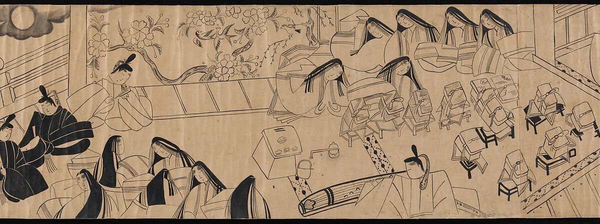 "Akashi", "Channel Buoys" ("Miotsukushi"),  "The Wormwood Patch" ("Yomogiu"),  "Gatehouse" ("Sekiya"), and  "Picture Contest" ("E-awase") chapters from the Tale of Genji (Genji monogatari), Handscroll; ink on paper, Japan