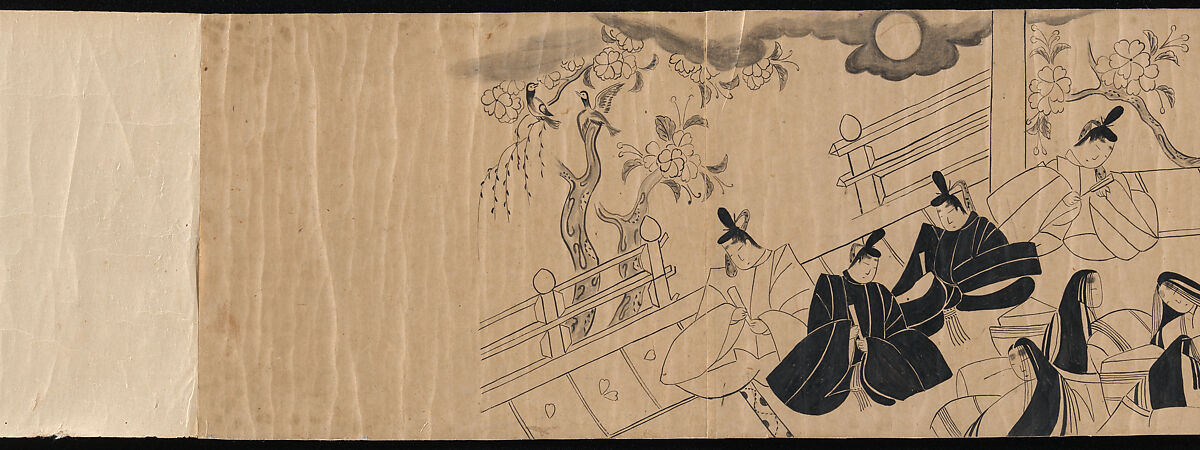 "Akashi", "Channel Buoys" ("Miotsukushi"),  "The Wormwood Patch" ("Yomogiu"),  "Gatehouse" ("Sekiya"), and  "Picture Contest" ("E-awase") chapters from the Tale of Genji (Genji monogatari), Handscroll; ink on paper, Japan