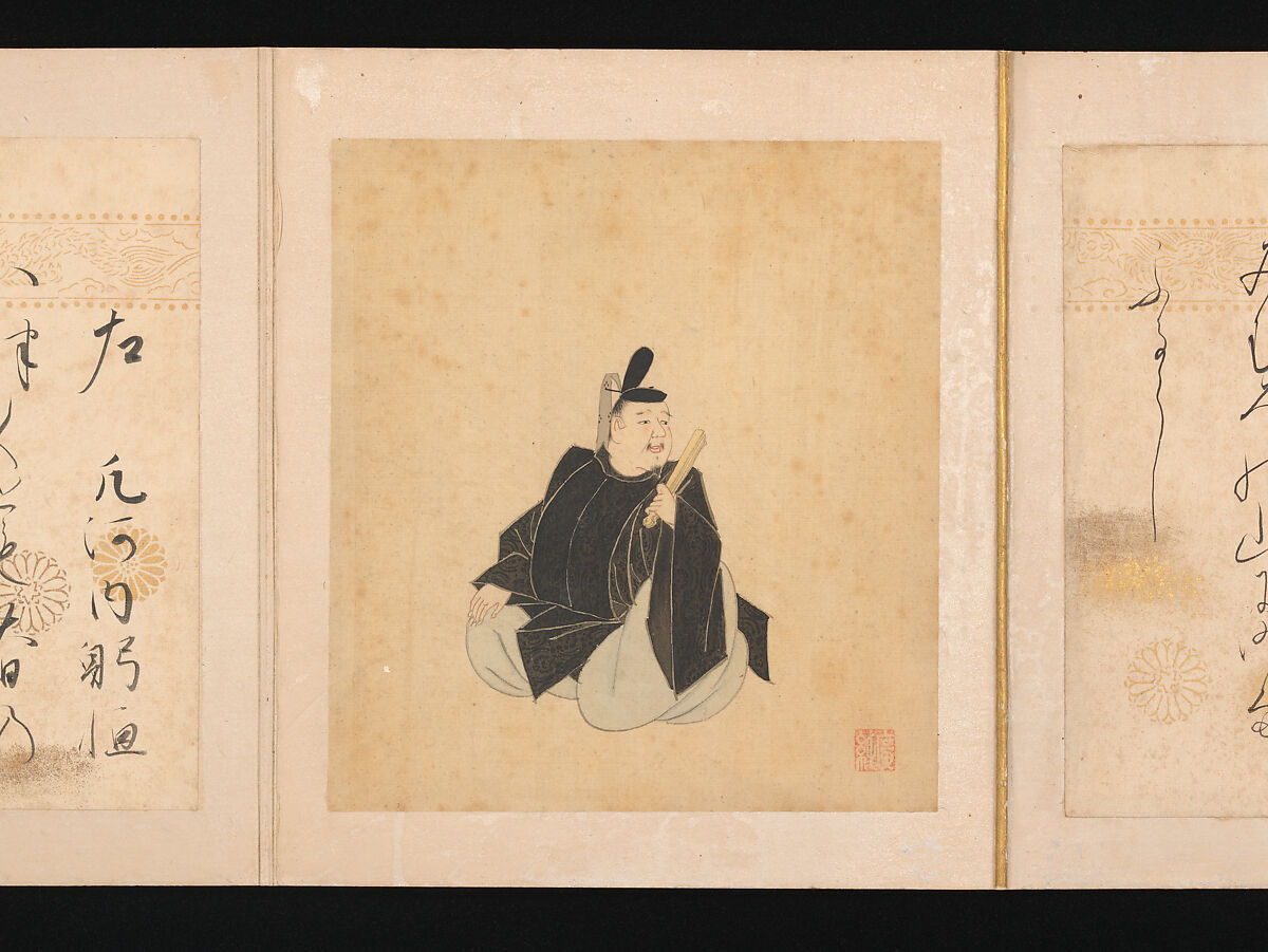 Portraits and Poems of the Thirty-six Poetic Immortals, Sumiyoshi Gukei (Japanese, 1631–1705), Album of thirty-six paintings and thirty-six poems; ink, color and gold on silk and paper, Japan