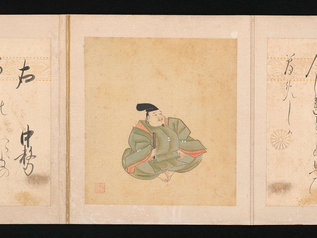 Portraits and Poems of the Thirty-six Poetic Immortals, Sumiyoshi Gukei (Japanese, 1631–1705), Album of thirty-six paintings and thirty-six poems; ink, color and gold on silk and paper, Japan