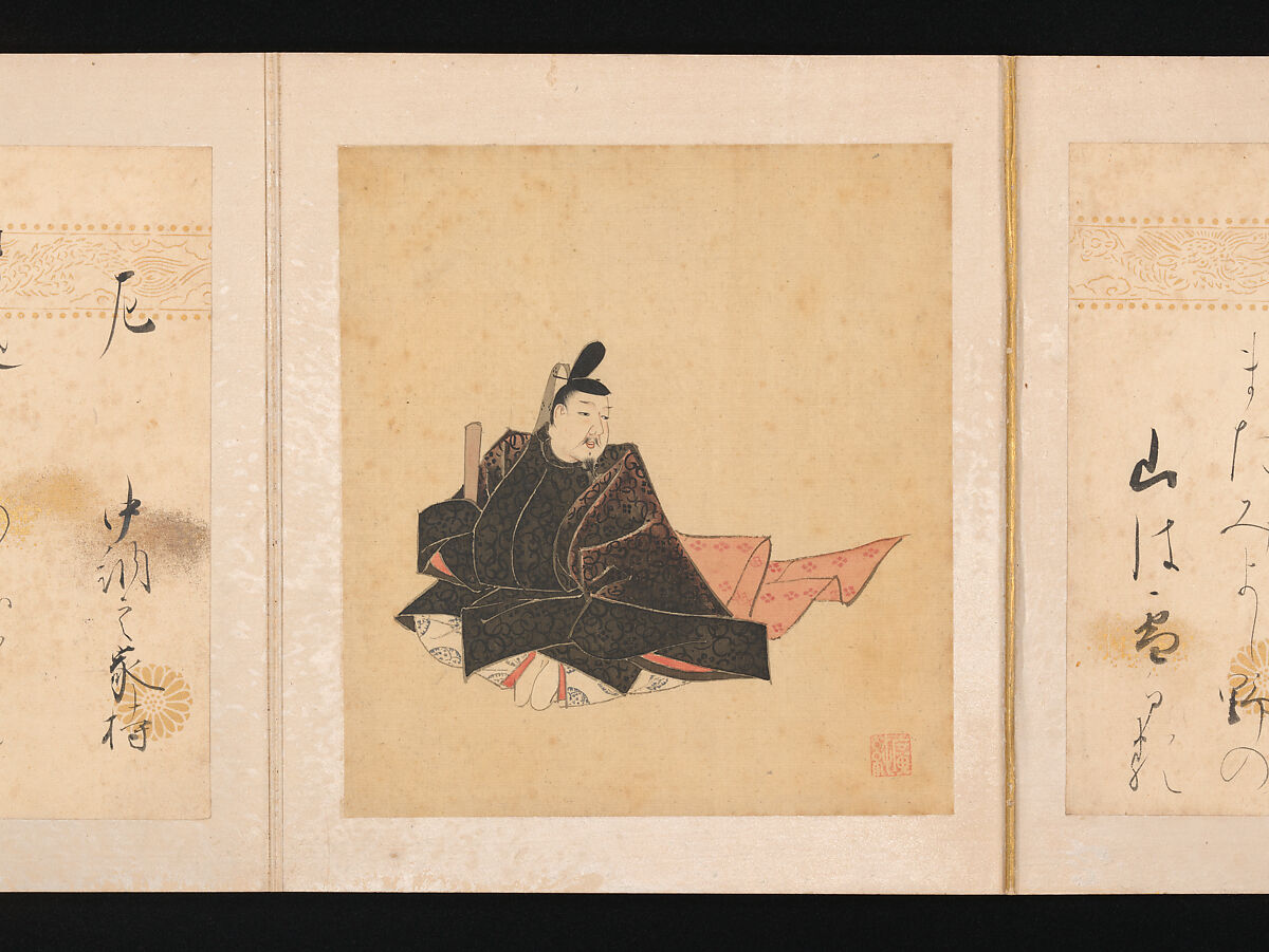 Portraits and Poems of the Thirty-six Poetic Immortals, Sumiyoshi Gukei (Japanese, 1631–1705), Album of thirty-six paintings and thirty-six poems; ink, color and gold on silk and paper, Japan