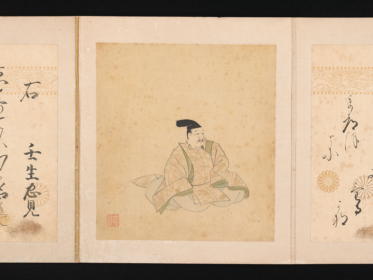 Portraits and Poems of the Thirty-six Poetic Immortals, Sumiyoshi Gukei (Japanese, 1631–1705), Album of thirty-six paintings and thirty-six poems; ink, color and gold on silk and paper, Japan