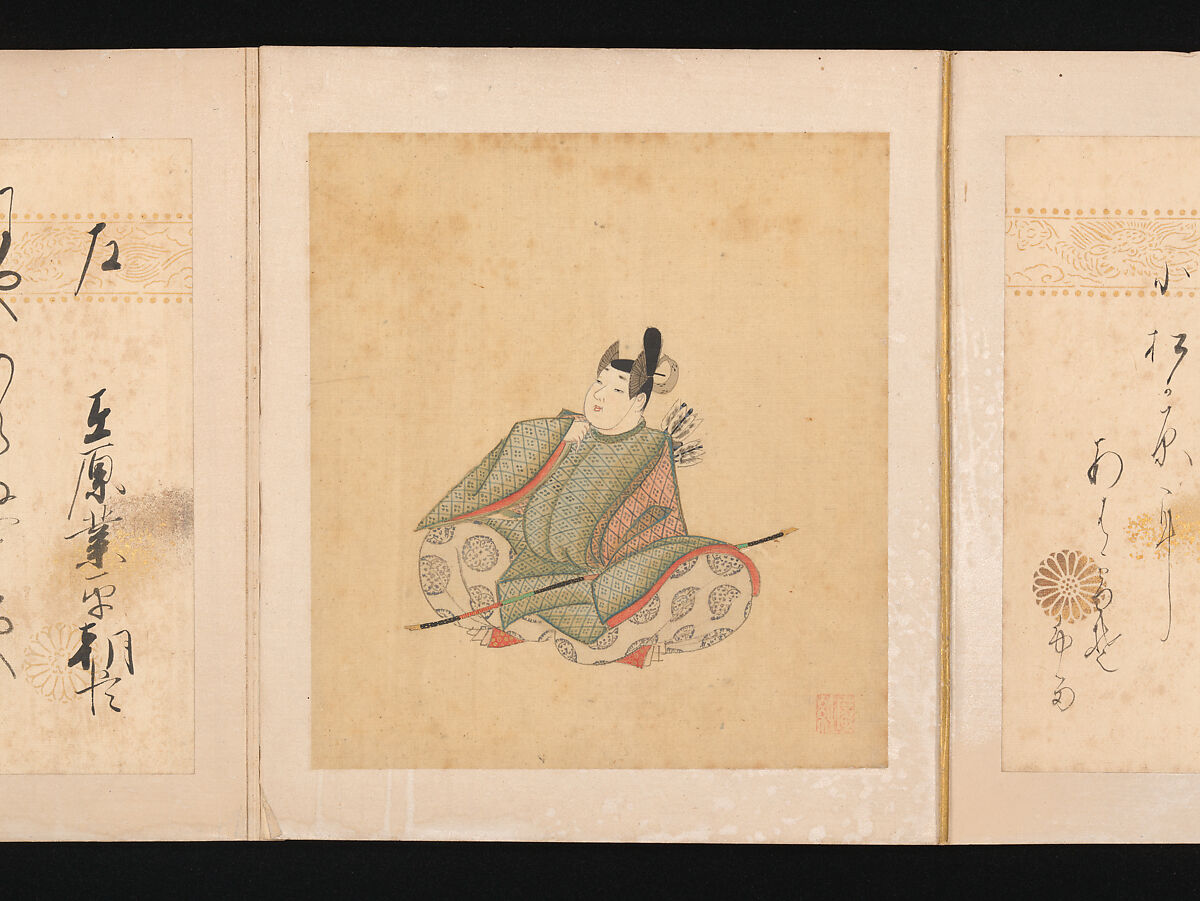 Portraits and Poems of the Thirty-six Poetic Immortals, Sumiyoshi Gukei (Japanese, 1631–1705), Album of thirty-six paintings and thirty-six poems; ink, color and gold on silk and paper, Japan