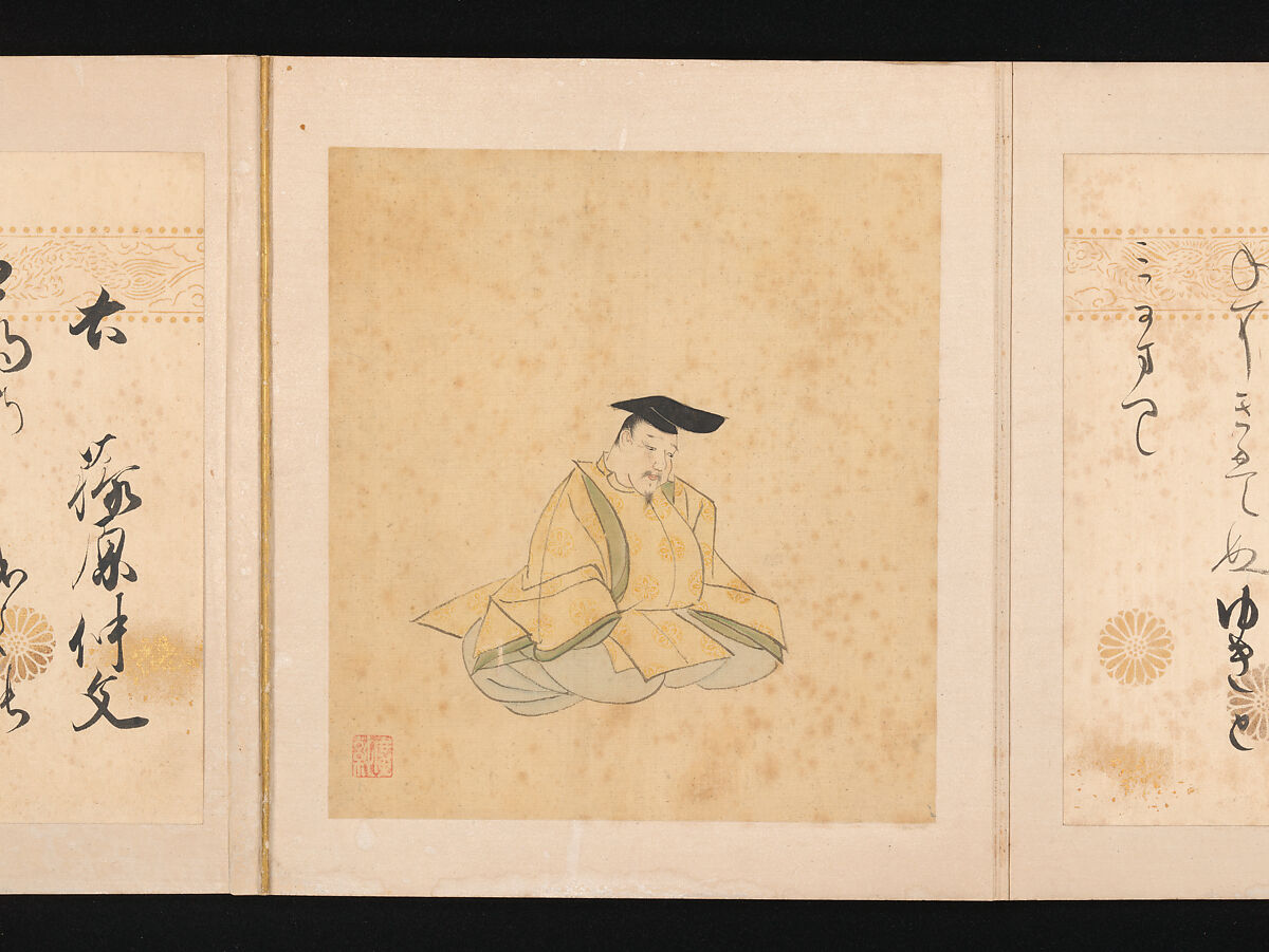 Portraits and Poems of the Thirty-six Poetic Immortals, Sumiyoshi Gukei (Japanese, 1631–1705), Album of thirty-six paintings and thirty-six poems; ink, color and gold on silk and paper, Japan