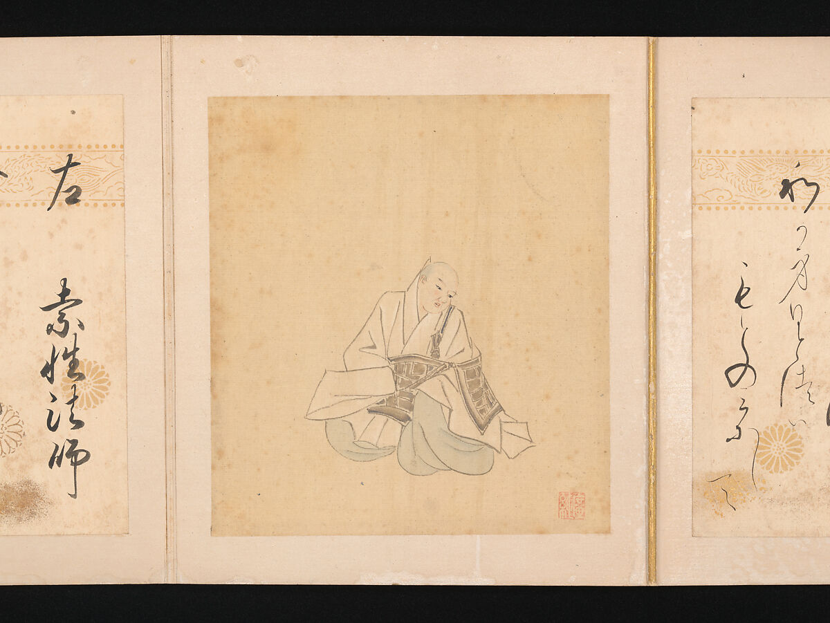 Portraits and Poems of the Thirty-six Poetic Immortals, Sumiyoshi Gukei (Japanese, 1631–1705), Album of thirty-six paintings and thirty-six poems; ink, color and gold on silk and paper, Japan