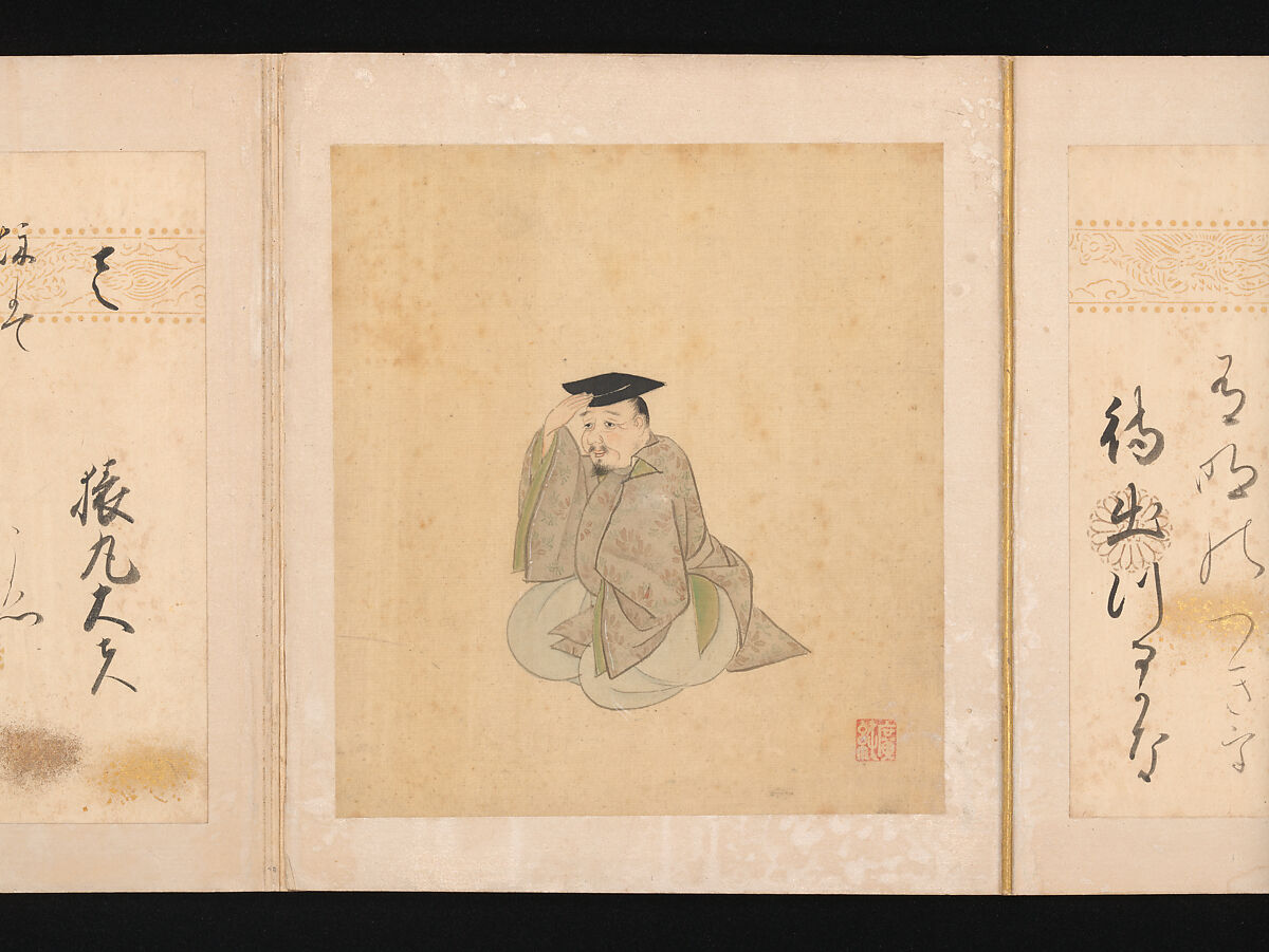 Portraits and Poems of the Thirty-six Poetic Immortals, Sumiyoshi Gukei (Japanese, 1631–1705), Album of thirty-six paintings and thirty-six poems; ink, color and gold on silk and paper, Japan