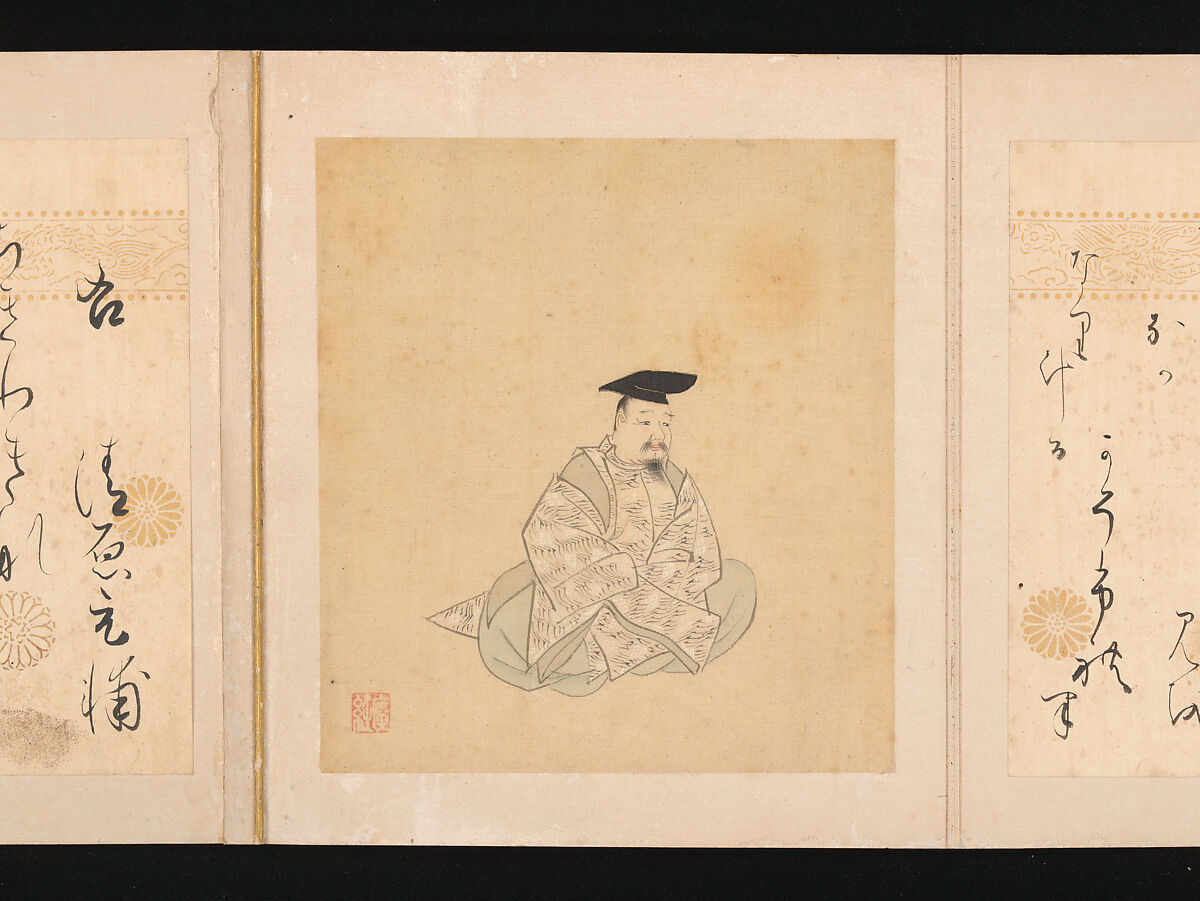 Portraits and Poems of the Thirty-six Poetic Immortals, Sumiyoshi Gukei (Japanese, 1631–1705), Album of thirty-six paintings and thirty-six poems; ink, color and gold on silk and paper, Japan