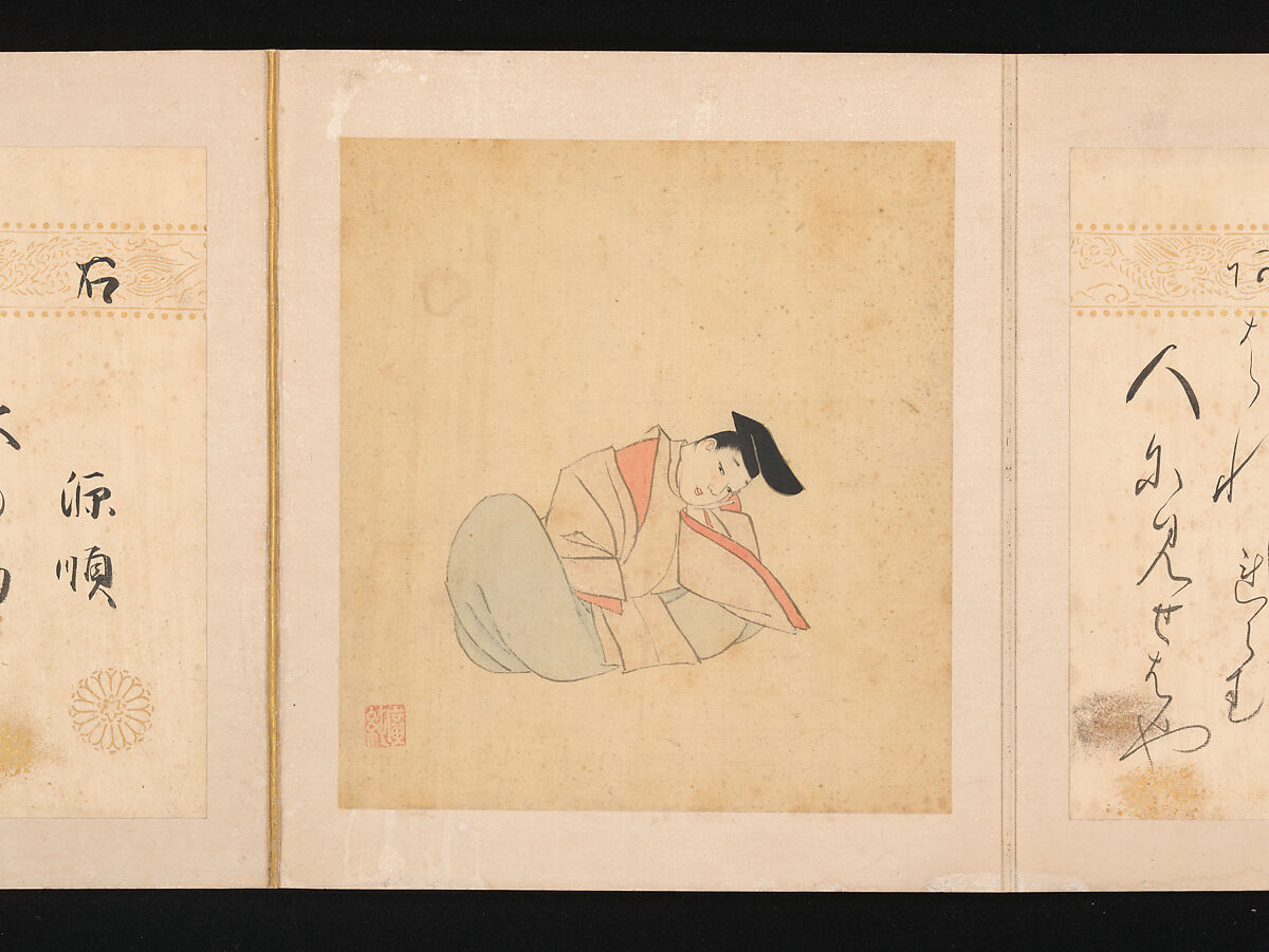 Portraits and Poems of the Thirty-six Poetic Immortals, Sumiyoshi Gukei (Japanese, 1631–1705), Album of thirty-six paintings and thirty-six poems; ink, color and gold on silk and paper, Japan