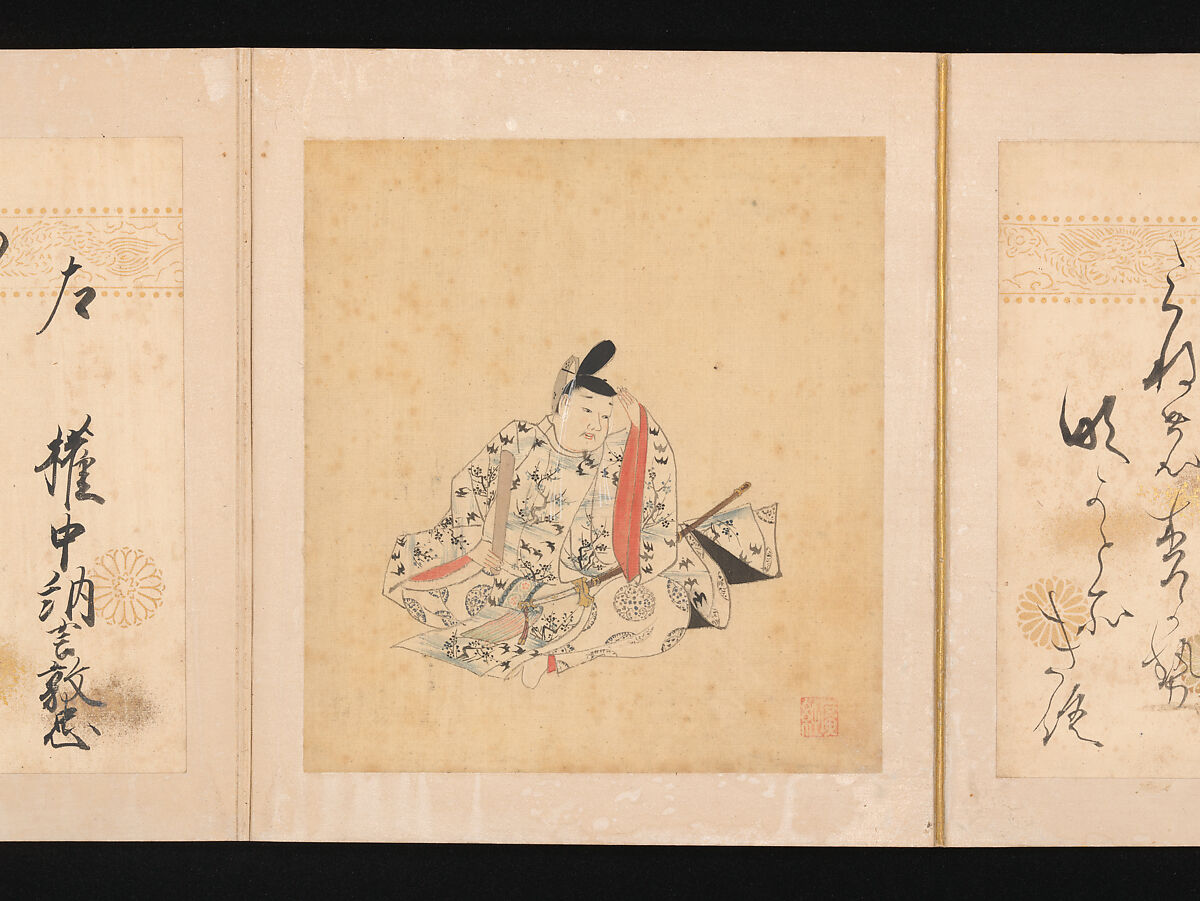 Portraits and Poems of the Thirty-six Poetic Immortals, Sumiyoshi Gukei (Japanese, 1631–1705), Album of thirty-six paintings and thirty-six poems; ink, color and gold on silk and paper, Japan