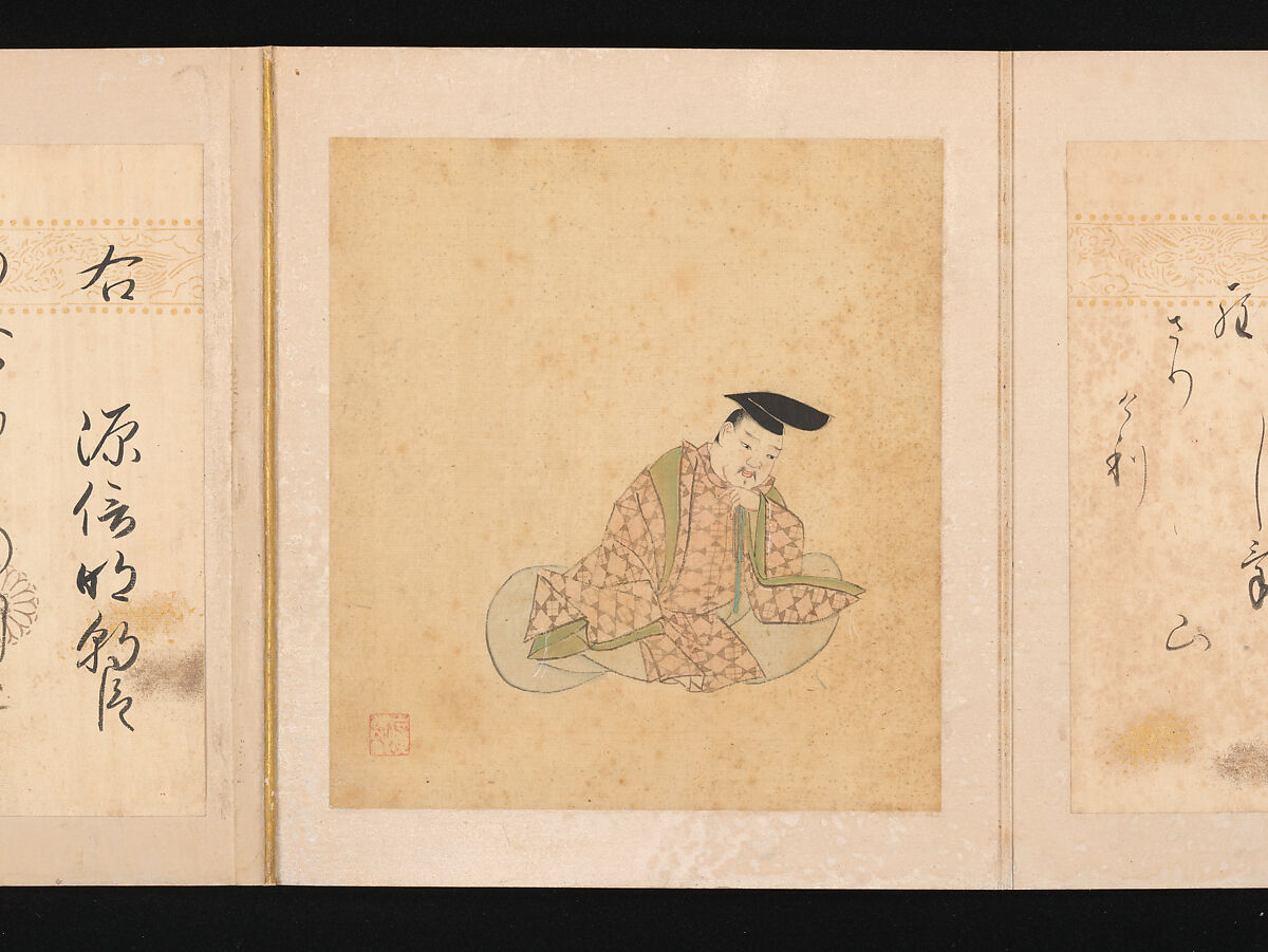 Portraits and Poems of the Thirty-six Poetic Immortals, Sumiyoshi Gukei (Japanese, 1631–1705), Album of thirty-six paintings and thirty-six poems; ink, color and gold on silk and paper, Japan