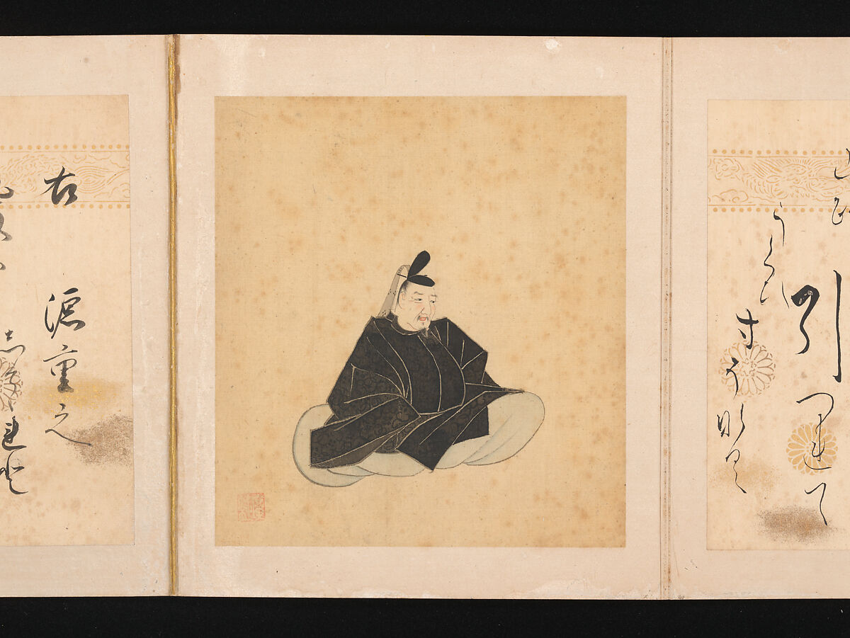 Portraits and Poems of the Thirty-six Poetic Immortals, Sumiyoshi Gukei (Japanese, 1631–1705), Album of thirty-six paintings and thirty-six poems; ink, color and gold on silk and paper, Japan