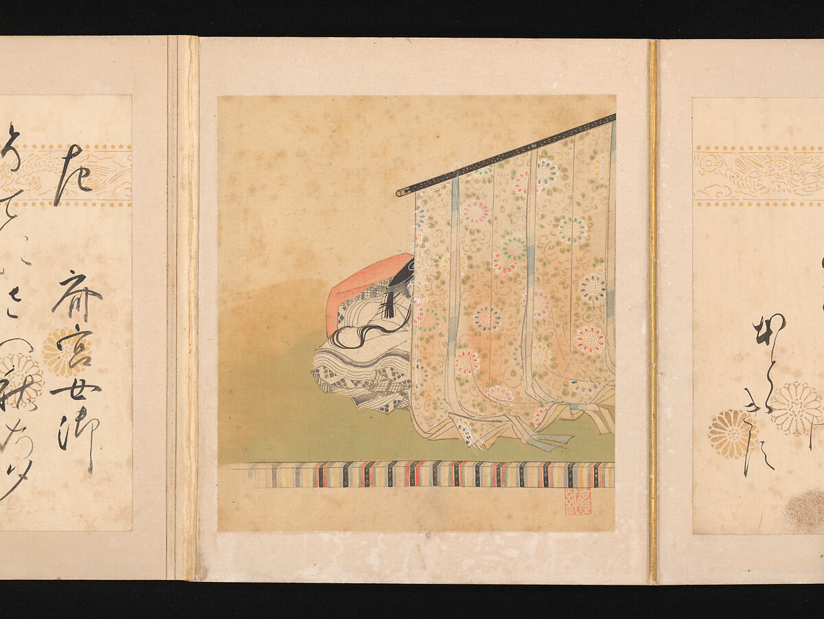 Portraits and Poems of the Thirty-six Poetic Immortals, Sumiyoshi Gukei (Japanese, 1631–1705), Album of thirty-six paintings and thirty-six poems; ink, color and gold on silk and paper, Japan