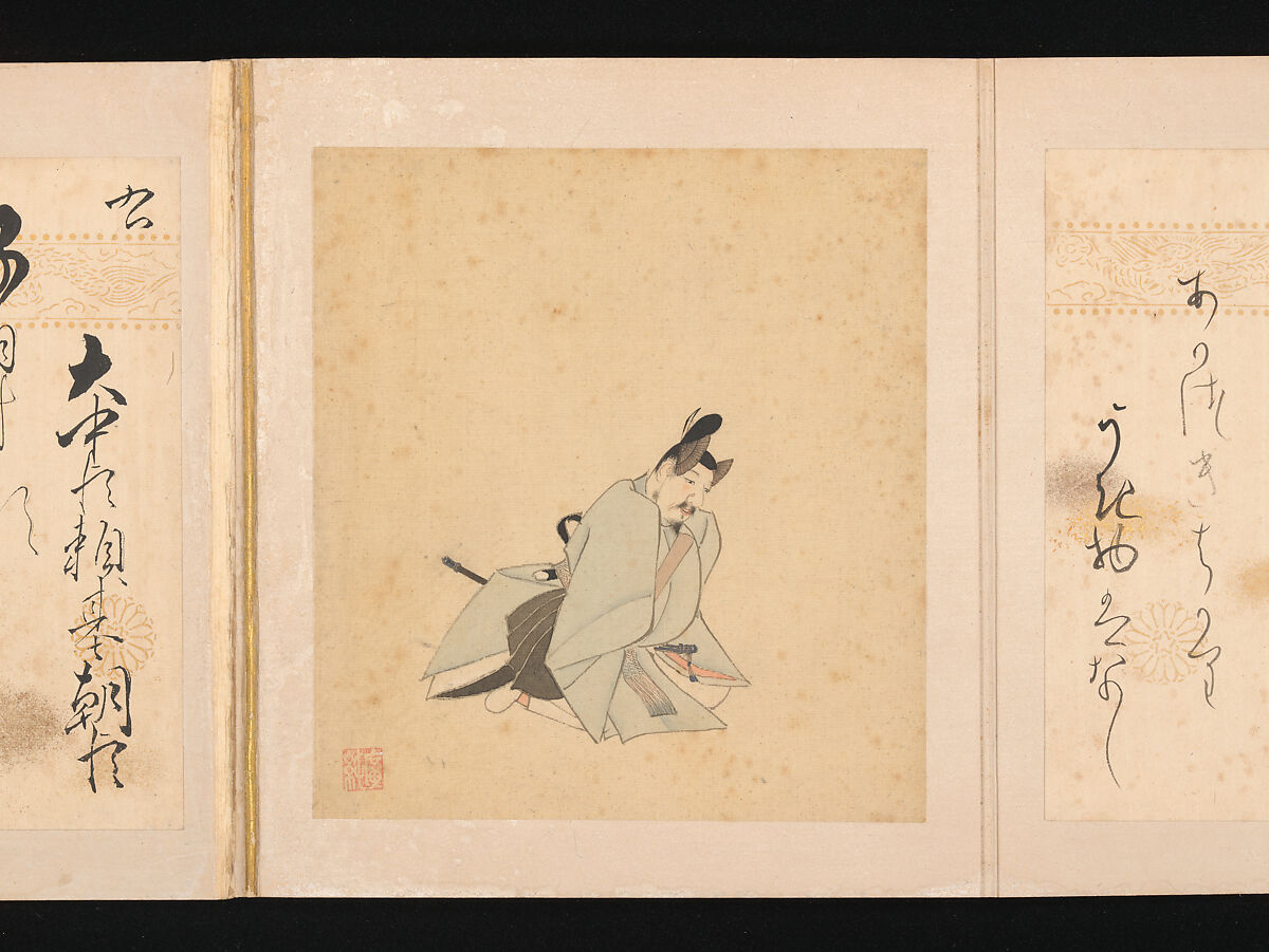 Portraits and Poems of the Thirty-six Poetic Immortals, Sumiyoshi Gukei (Japanese, 1631–1705), Album of thirty-six paintings and thirty-six poems; ink, color and gold on silk and paper, Japan