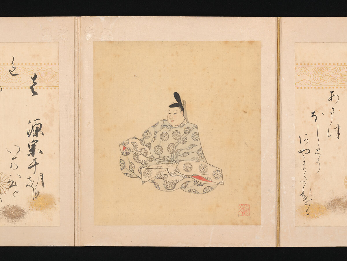 Portraits and Poems of the Thirty-six Poetic Immortals, Sumiyoshi Gukei (Japanese, 1631–1705), Album of thirty-six paintings and thirty-six poems; ink, color and gold on silk and paper, Japan