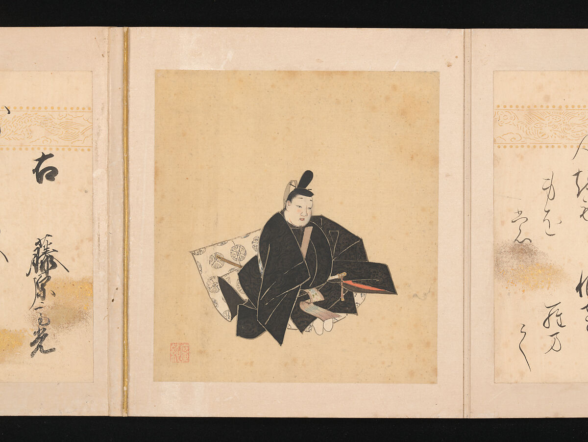 Portraits and Poems of the Thirty-six Poetic Immortals, Sumiyoshi Gukei (Japanese, 1631–1705), Album of thirty-six paintings and thirty-six poems; ink, color and gold on silk and paper, Japan