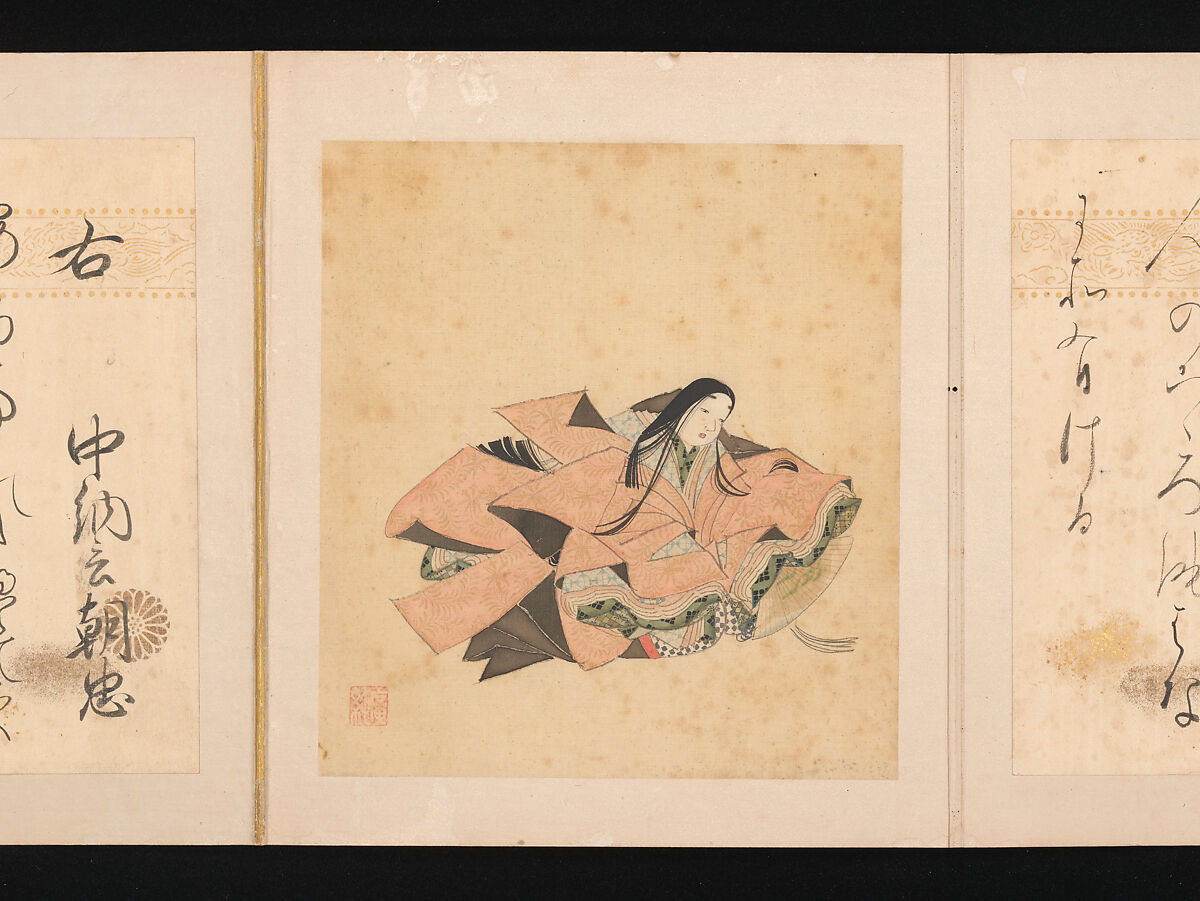 Portraits and Poems of the Thirty-six Poetic Immortals, Sumiyoshi Gukei (Japanese, 1631–1705), Album of thirty-six paintings and thirty-six poems; ink, color and gold on silk and paper, Japan