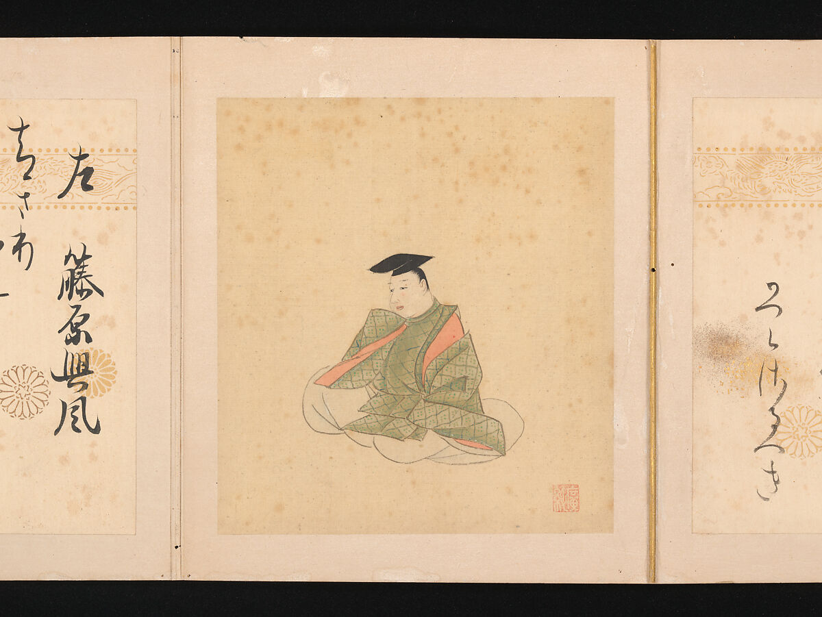 Portraits and Poems of the Thirty-six Poetic Immortals, Sumiyoshi Gukei (Japanese, 1631–1705), Album of thirty-six paintings and thirty-six poems; ink, color and gold on silk and paper, Japan