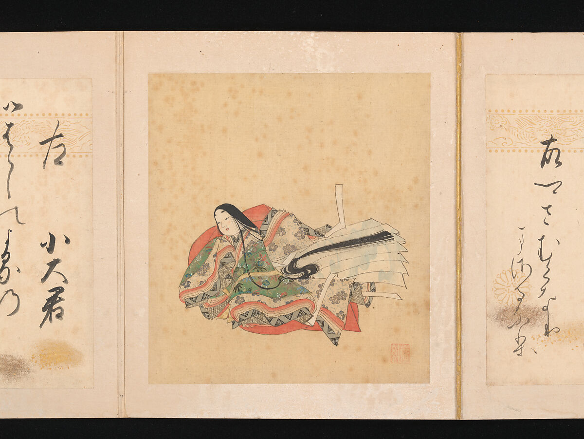 Portraits and Poems of the Thirty-six Poetic Immortals, Sumiyoshi Gukei (Japanese, 1631–1705), Album of thirty-six paintings and thirty-six poems; ink, color and gold on silk and paper, Japan