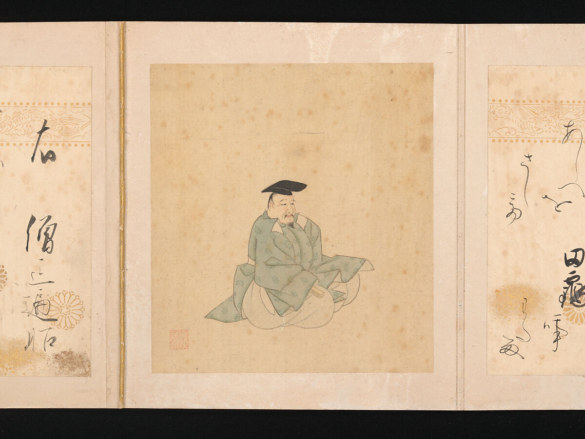 Portraits and Poems of the Thirty-six Poetic Immortals, Sumiyoshi Gukei (Japanese, 1631–1705), Album of thirty-six paintings and thirty-six poems; ink, color and gold on silk and paper, Japan